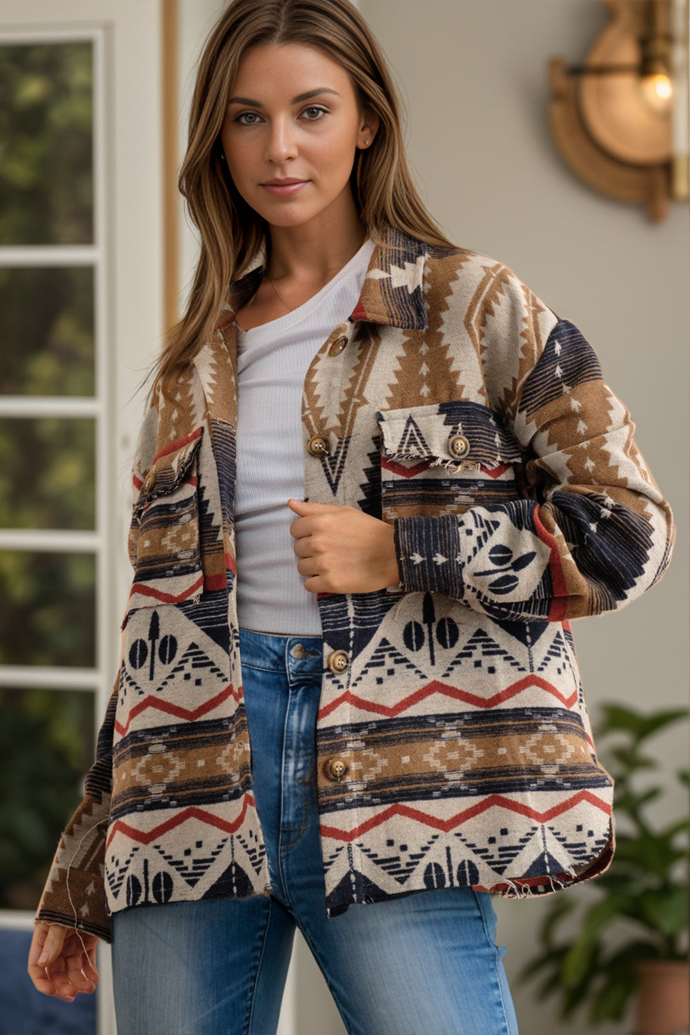 Lea | Geometric long sleeve button down jacket