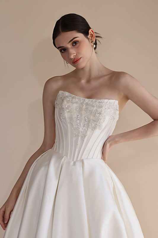 Strapless Boning Rhinestone Satin Wedding Dress