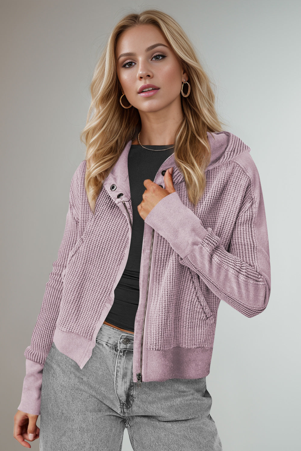 Elsa | Double Take waffle knit long sleeve zip hoodie