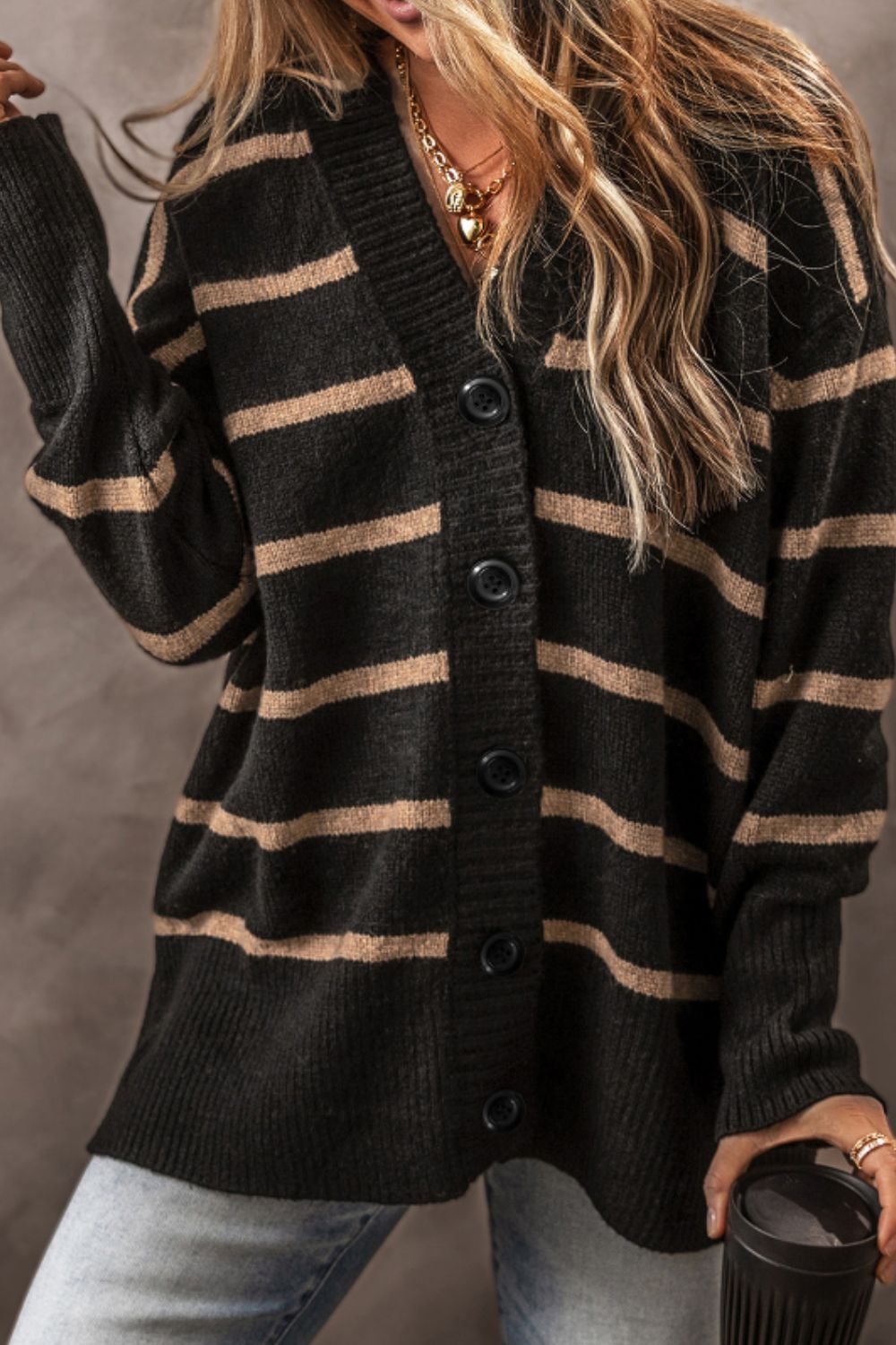 Renata | Striped, long-sleeved cardigan with button placket