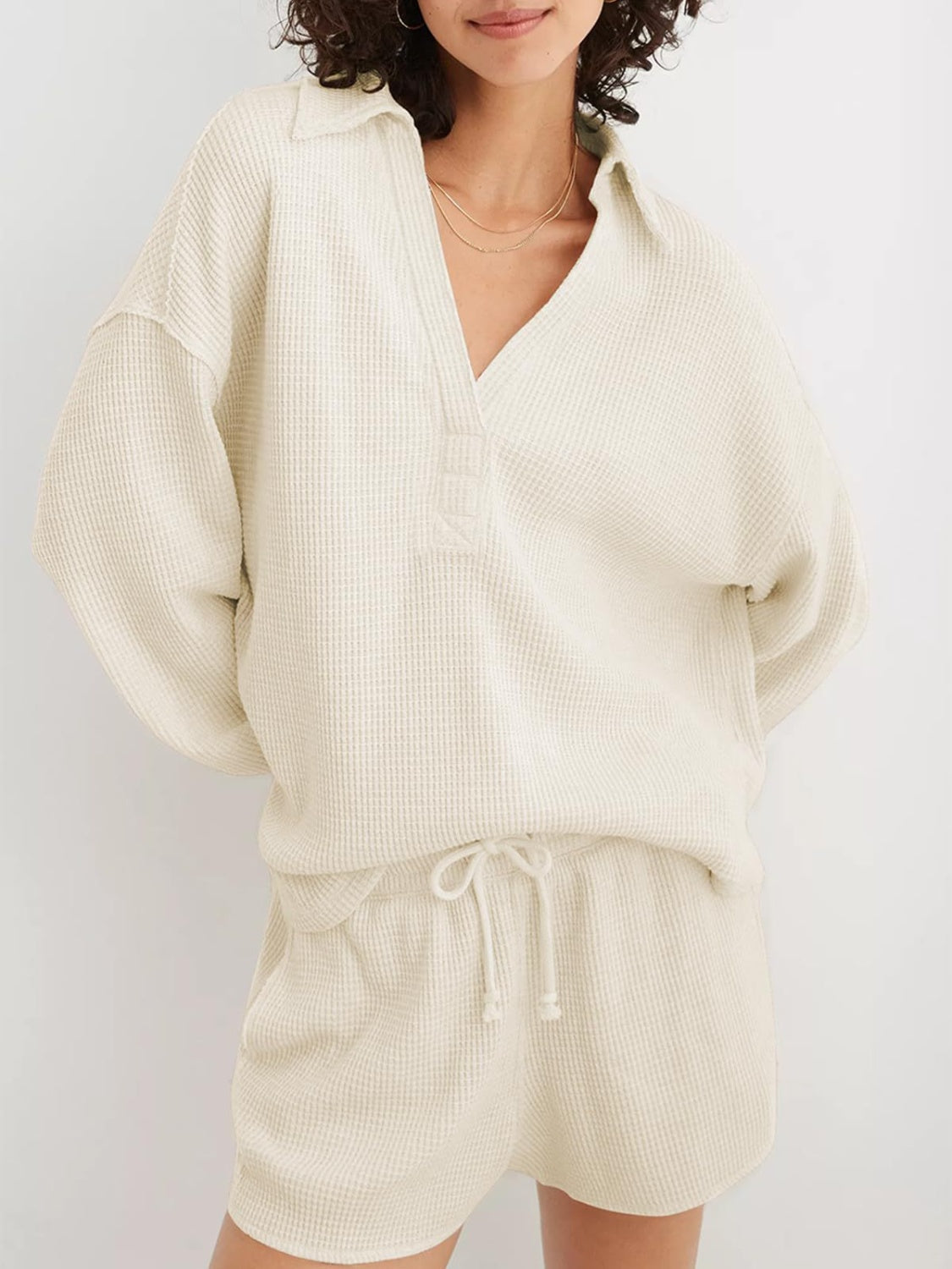 Johanna | Long sleeve waffle knit johnny collar sweatshirt