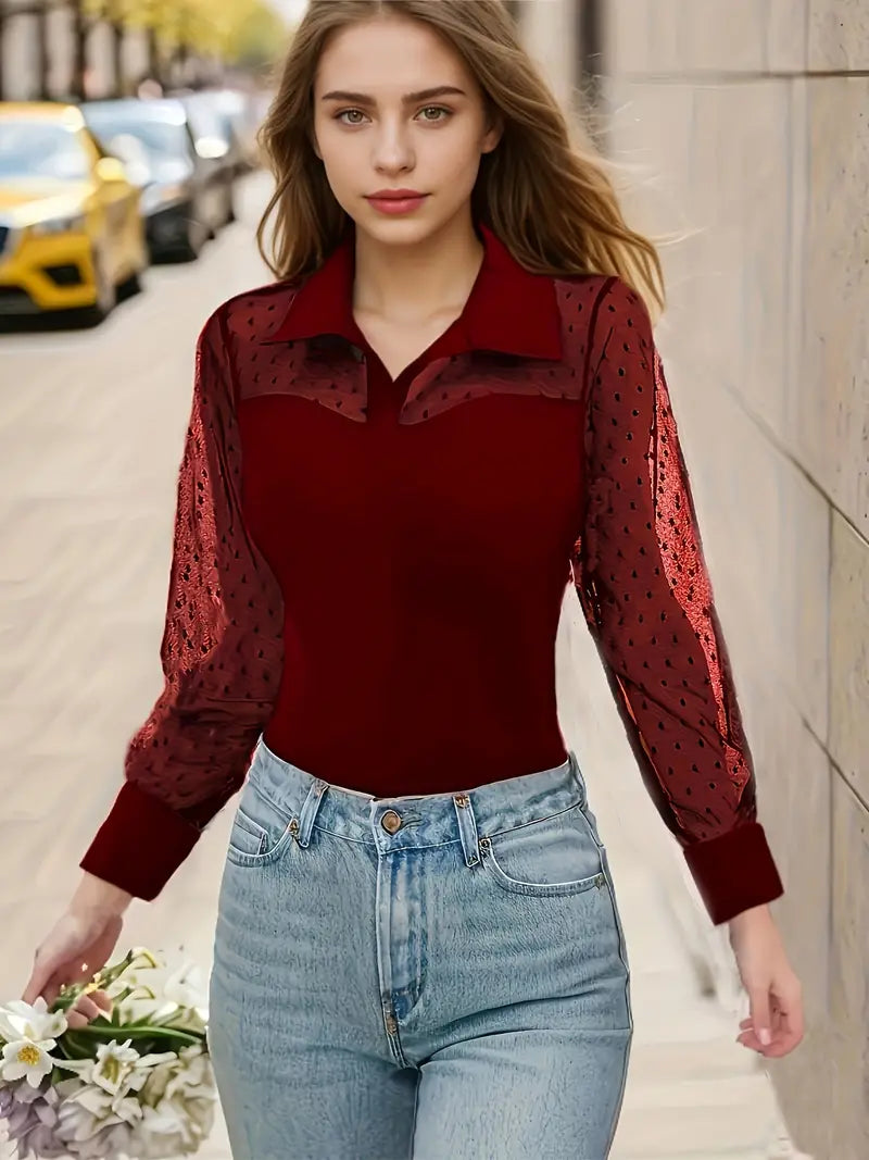 Kornelia® | Plain, Transparent, Contrasting Chic Top With Collar And Long Sleeves