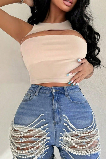 Beaded Chain Ripped High Waist Denim Shorts