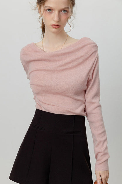 Chic Off Shoulder Tie Waist Cowl Neck Long Sleeve Tee
