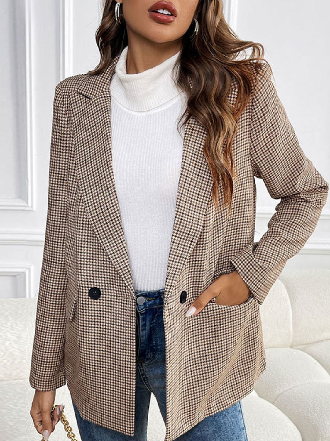Frieda | Perfee checked lapel collar long sleeve blazer