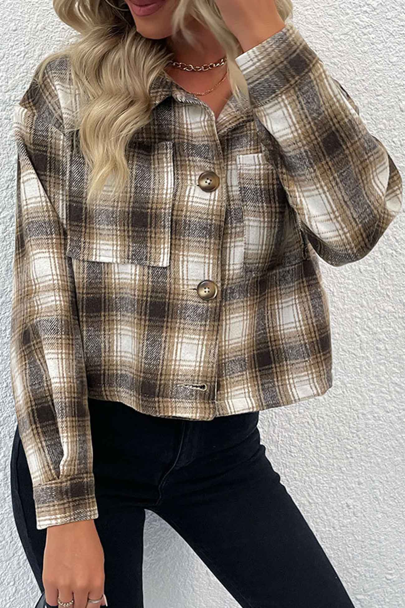 Viola | Khaki lapel check jacket with button placket