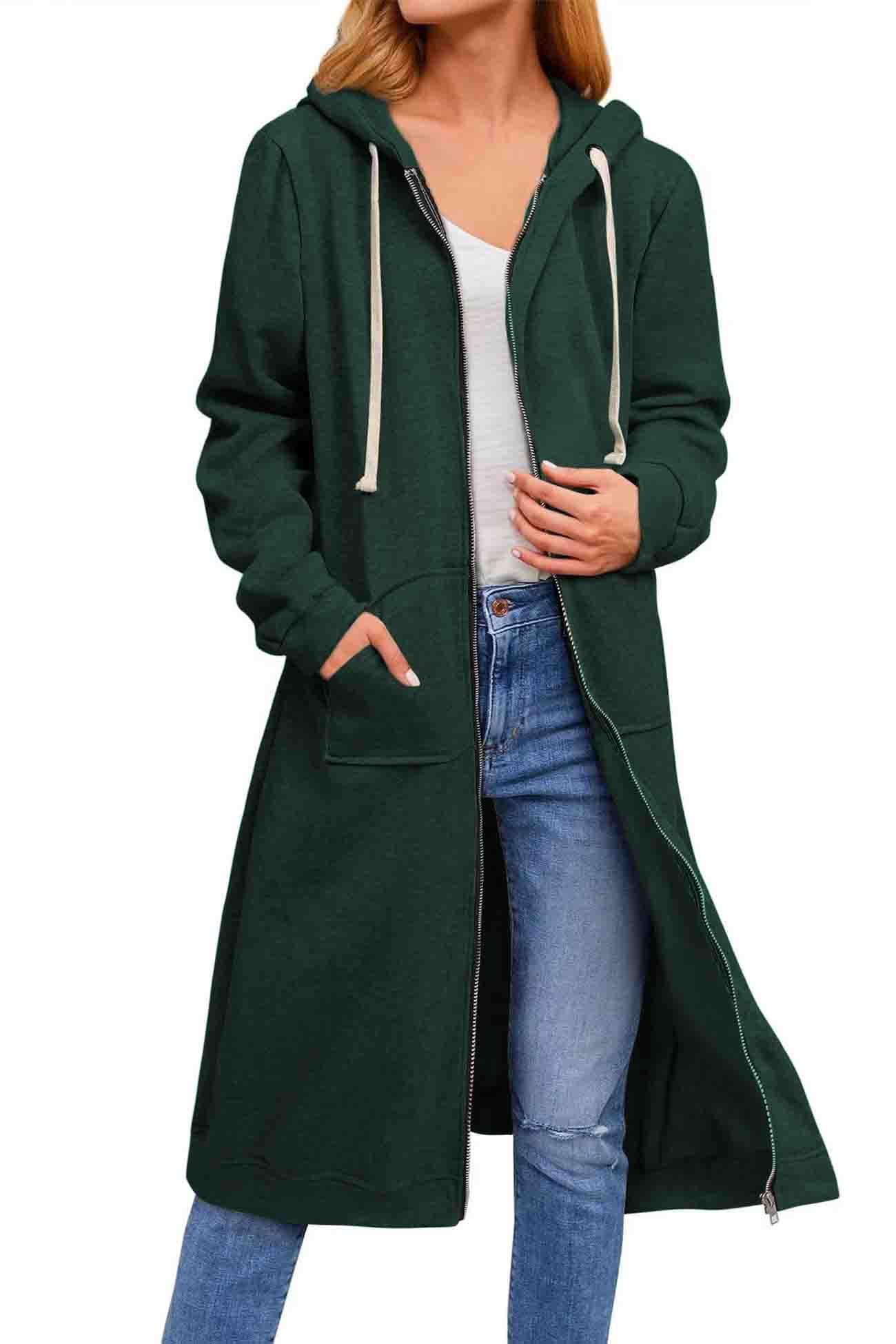 Jacqueline | Solid long cardigan with hood and drawstring and zip fastening