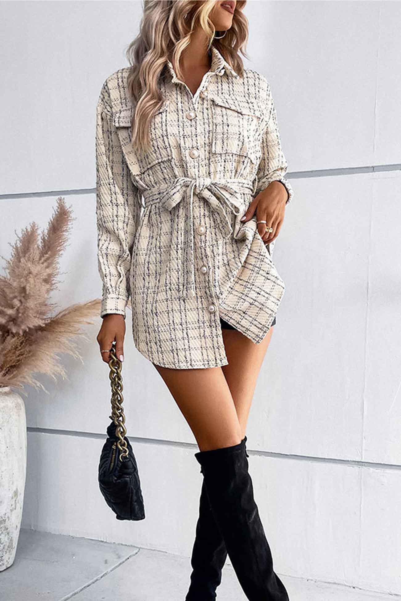 Vanessa | Checked belted jacket with button placket and pocket