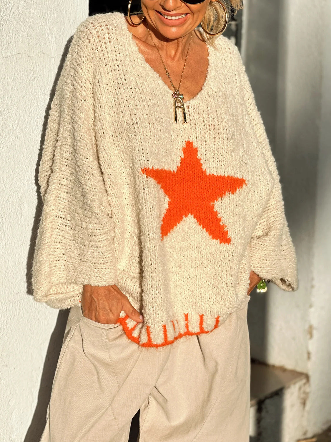Ingrid | Long-sleeved oversized sweater with a star V-neck