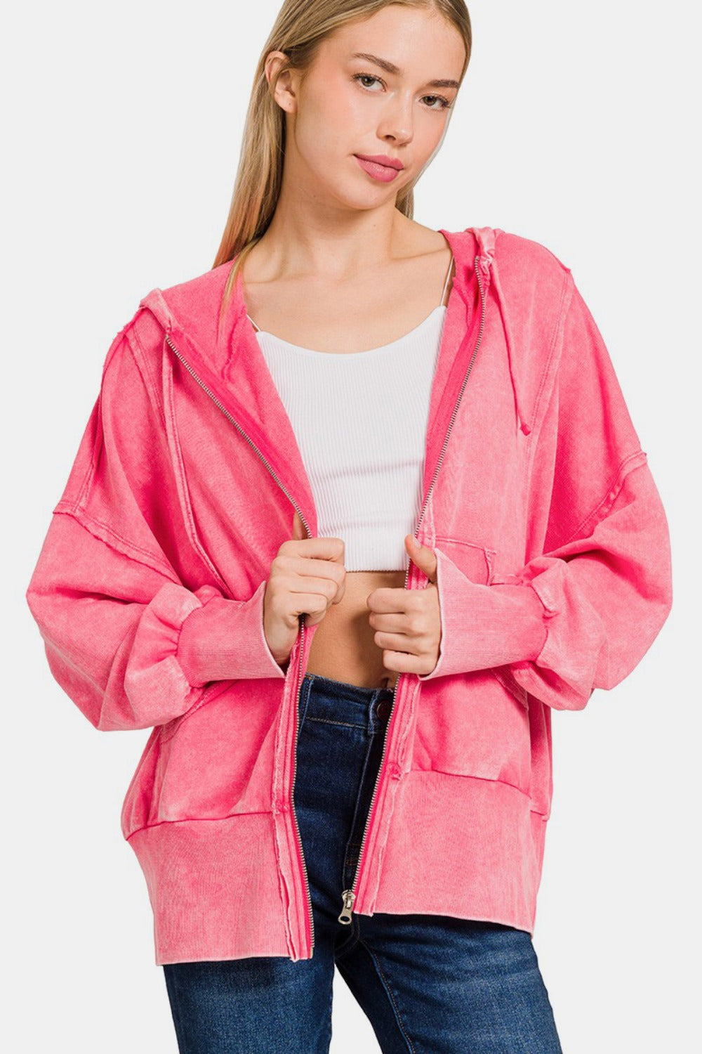 Raquel | Acid-washed French terry zip-up hoodie with pockets