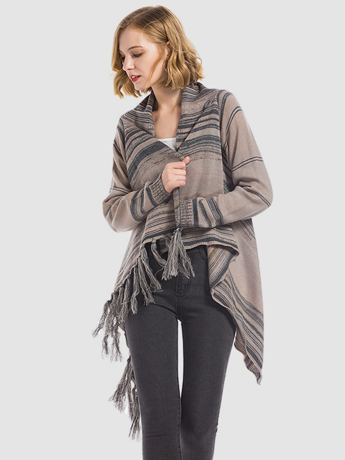 Dagny | Long sleeve cardigan with tassel stripes and open front