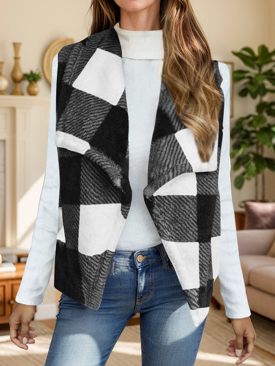 Yolanda | Checked vest coat with an open front