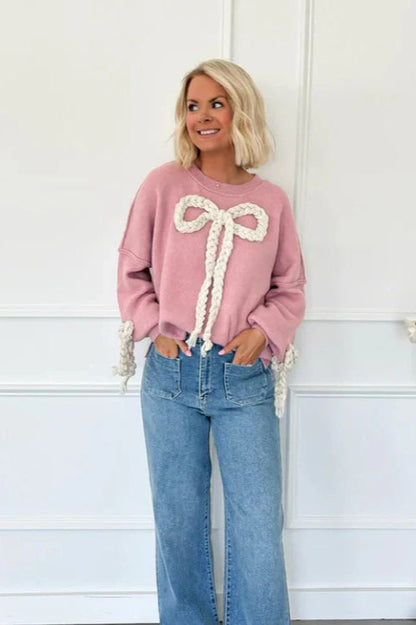 3D Applique Bow Paneled Loose Sweatshirt