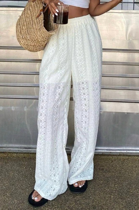 Solid Cutout Embroidered Elastic Waist Pants