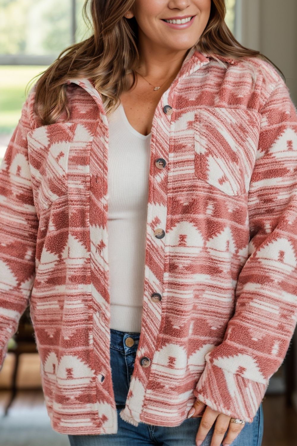 Heidi | Plus size jacket with pockets, printed collar and collar