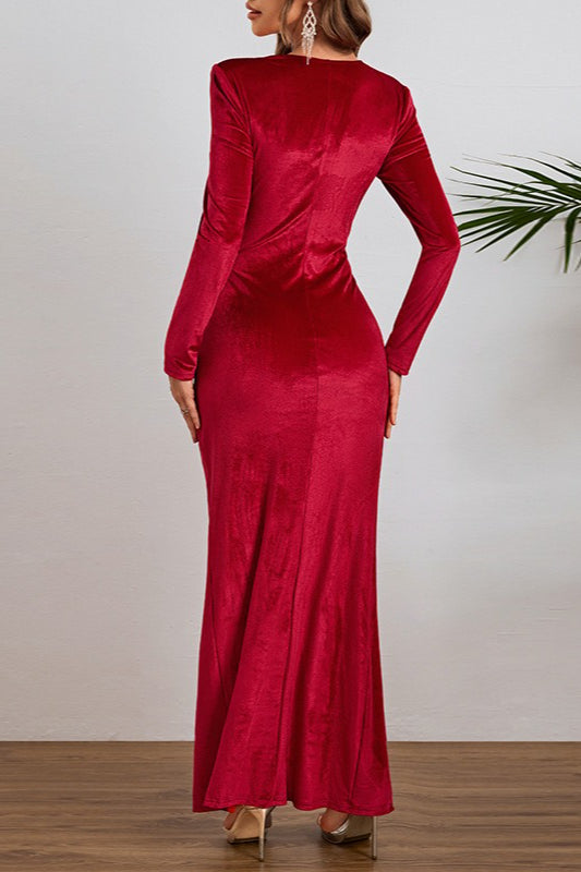 Elegant Long Sleeve Ruched Velvet Slit Fitted Waist Party Dress