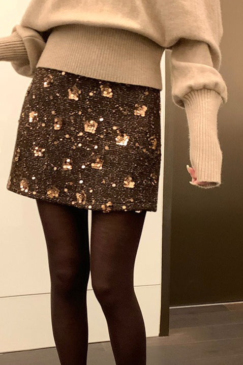 Embroidered Sequin High Waist A-Line Skirt