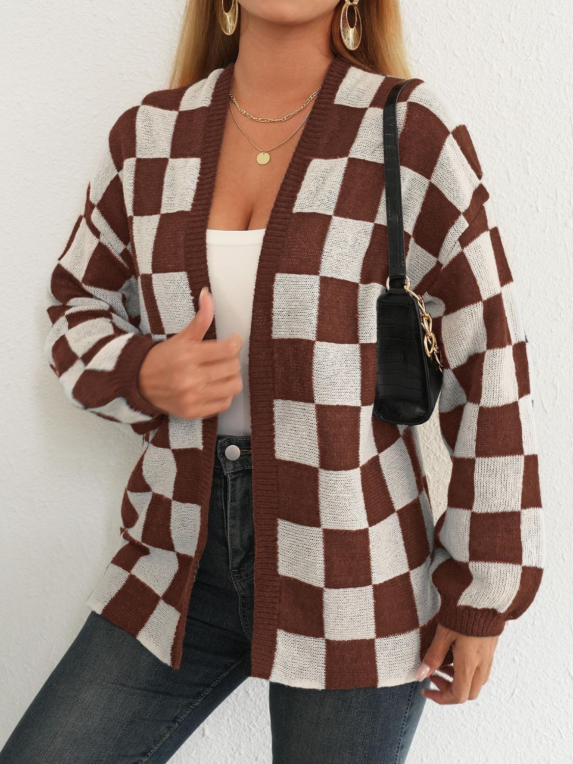 Carolina | Checked open front long sleeve cardigan