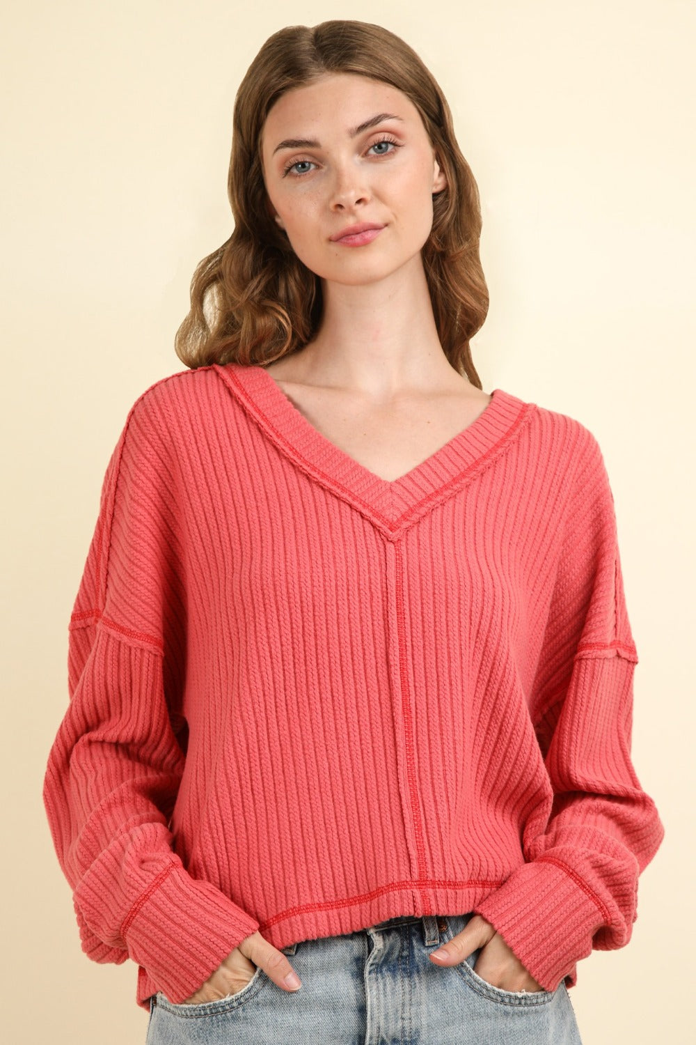 Blanca | Ribbed knit top with exposed seam and V-neck