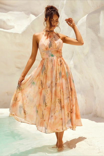 Sleeveless Floral Halter Backless Midi Dress