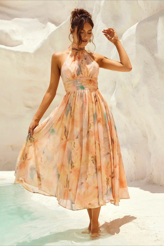 Sleeveless Floral Halter Backless Midi Dress