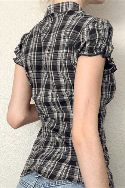 British Plaid Ruffled V Neck Puff Sleeve Blouse
