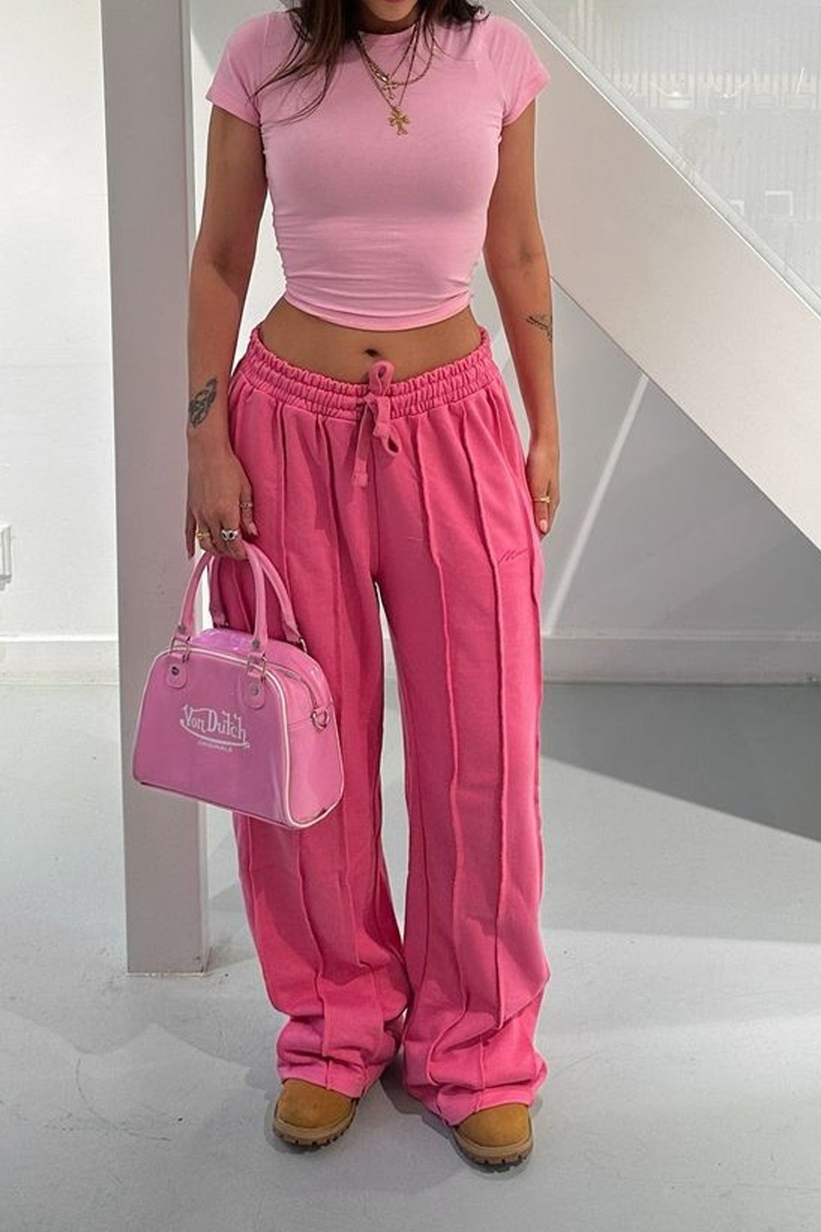 Solid 3D Line Loose Drawstring Pants