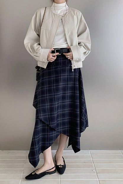 Asymmetric Plaid Midi Skirt