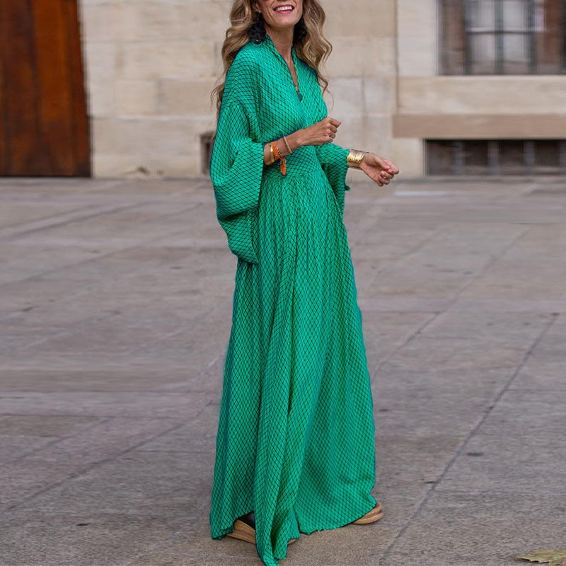 Noemí® | Polished Long Sleeve Loose V-Neck Waist Control Large Hem Dress