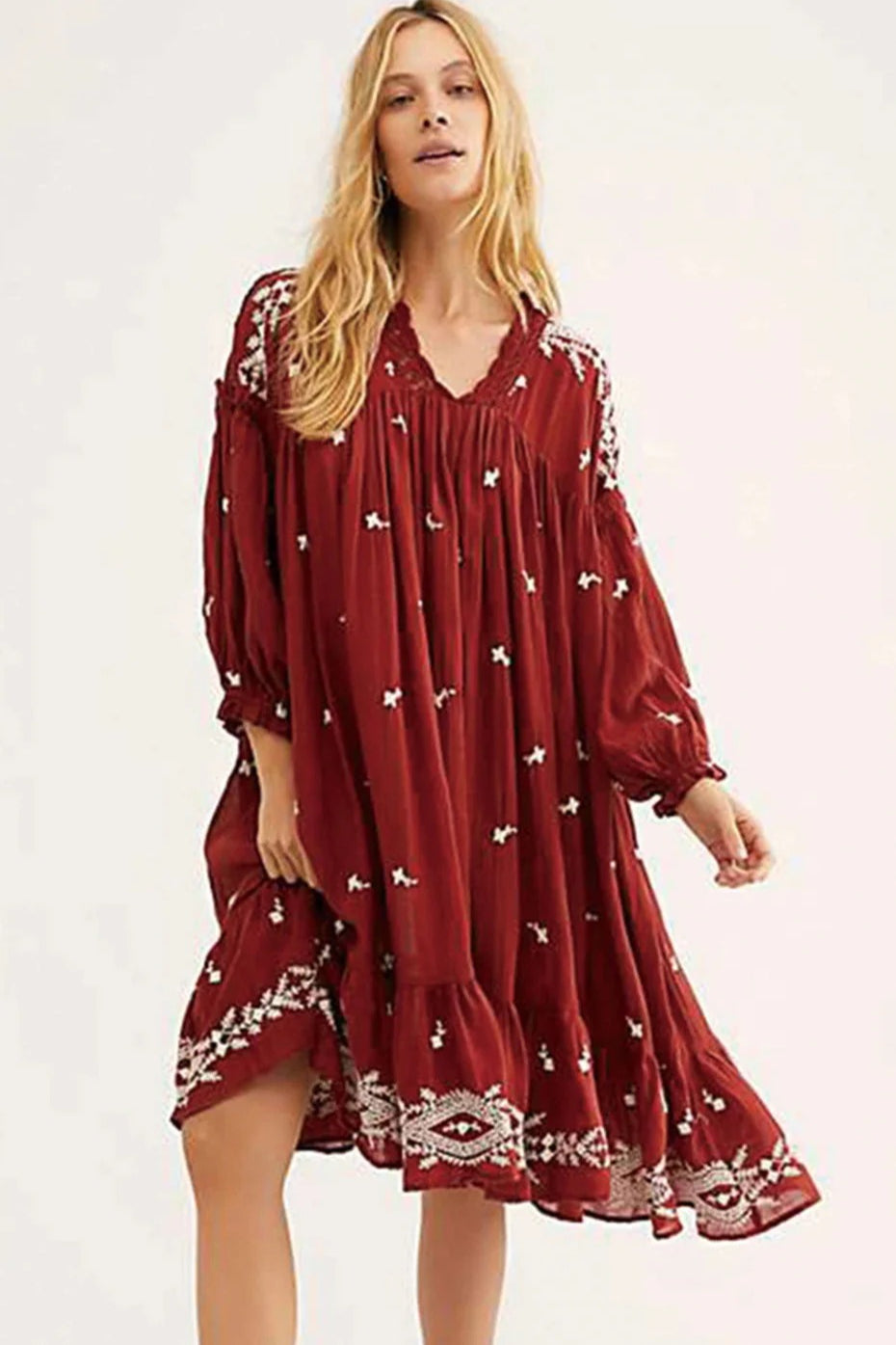 Floral Long Sleeve Midi Boho Dress