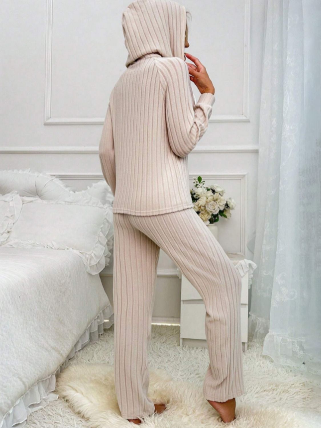 Ilona | Hooded top and ribbed drawstring half button pants set