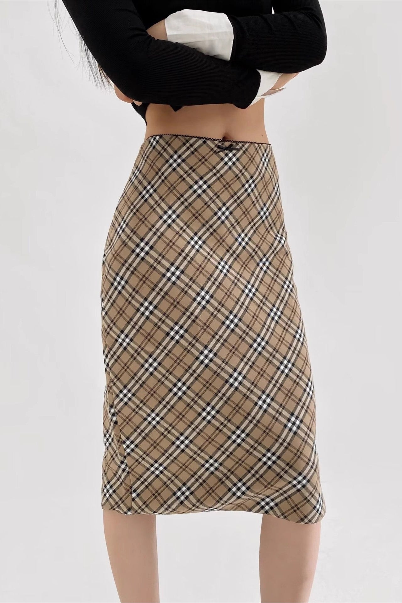 Lace Trimmed Plaid Bodycon Skirt