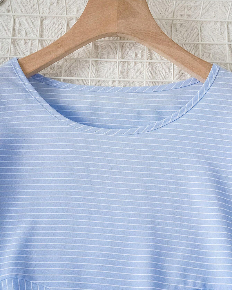 Nayla® | Casual Striped Loose Fit Button-Front Blouse For Women. Striped Blouse With Round Neck And Half-Length Sleeves.
