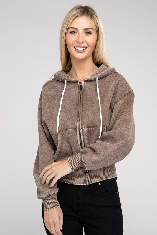 Fabiana | Cropped acid wash fleece zip-up hoodie