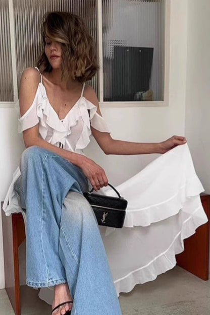 Tie V Neck A Line Ruffle Chiffon Cami Top