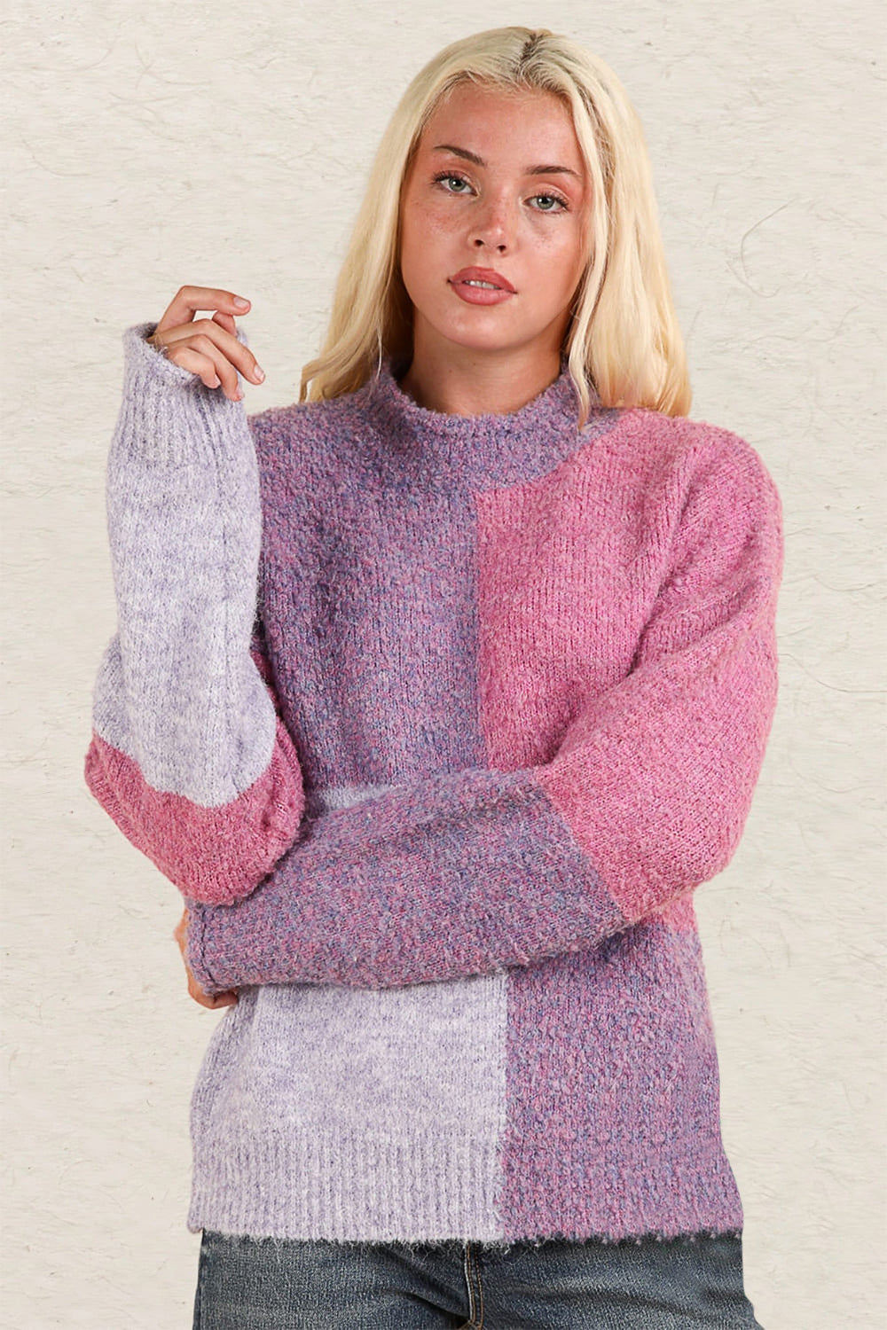 Ramona | Color block sweater with a stand-up collar and dropped shoulders