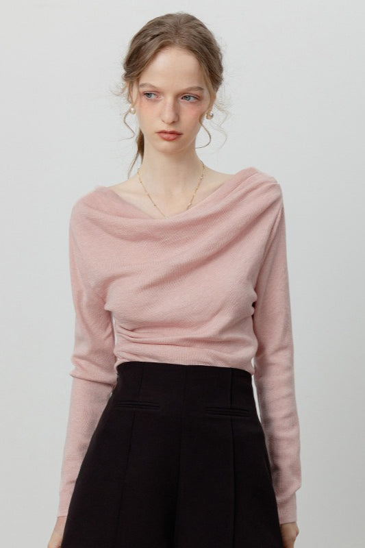 Chic Off Shoulder Tie Waist Cowl Neck Long Sleeve Tee