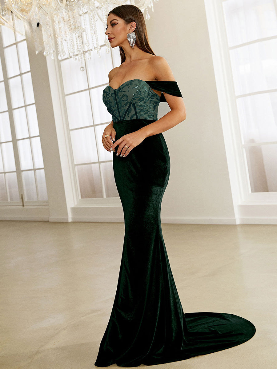 Green Velvet Evening Dress Elegant Off Shoulder Sequin Bodycon Maxi Party Dress