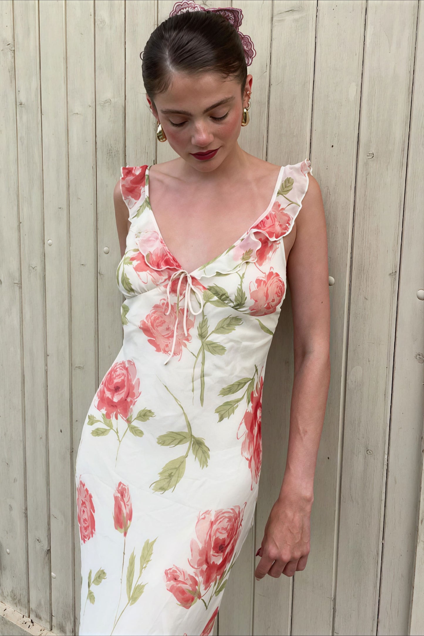 Floral Print Mesh V Neck Cami Midi Dress