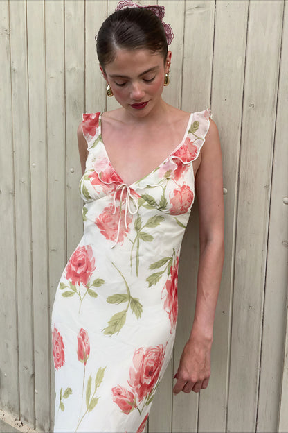 Floral Print Mesh V Neck Cami Midi Dress