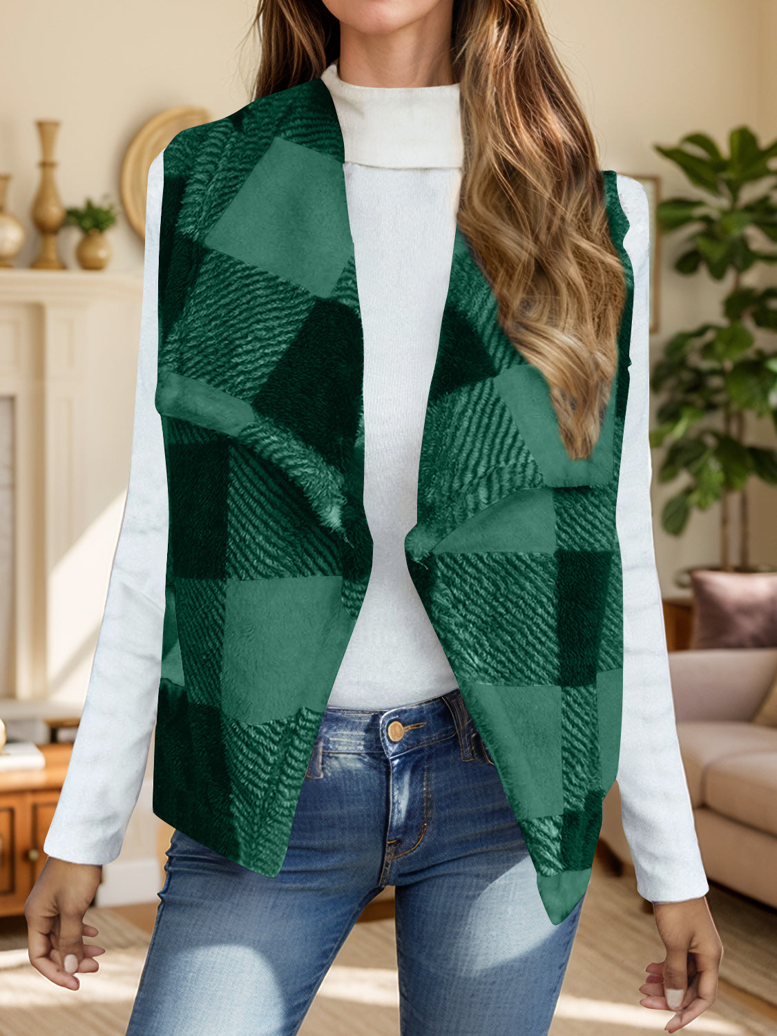 Yolanda | Checked vest coat with an open front