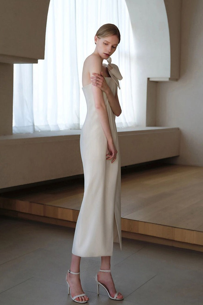 Satin Minimalist Bow High Slit Reception Dress