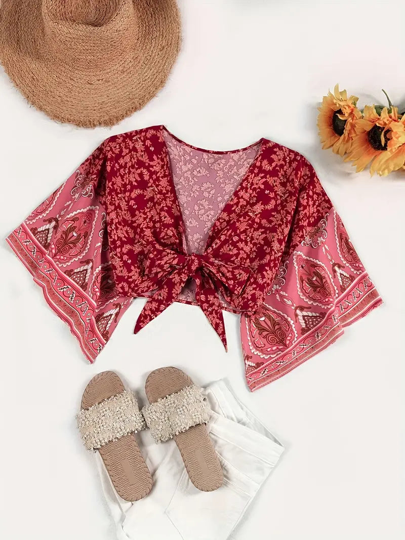 Brianna® | Tribal Print Crop Top With Front Knot