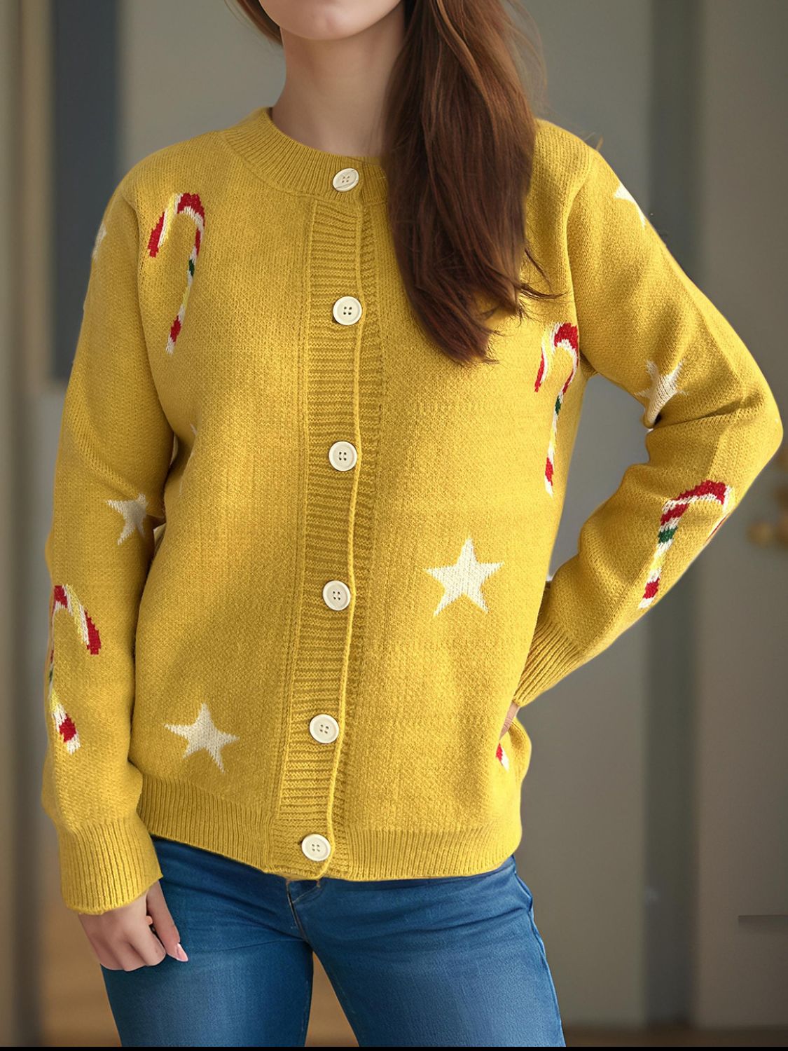 Justina | Candy Cane & Star button-front long-sleeved cardigan.