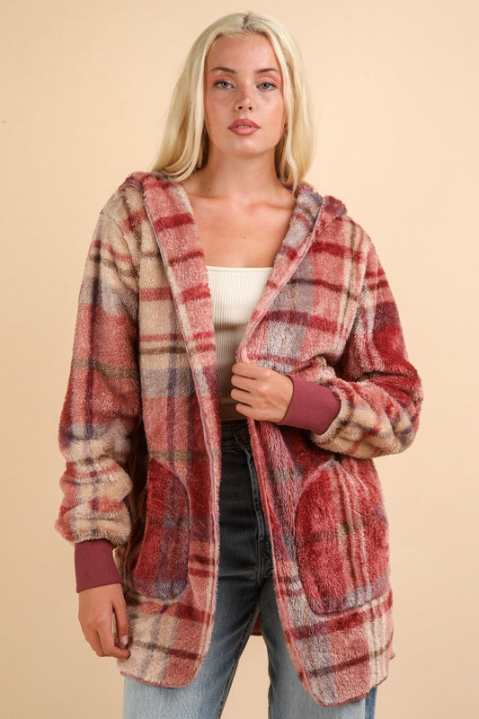 Paloma | VERY J Fuzzy Plaid Long Sleeve Hooded Jacket