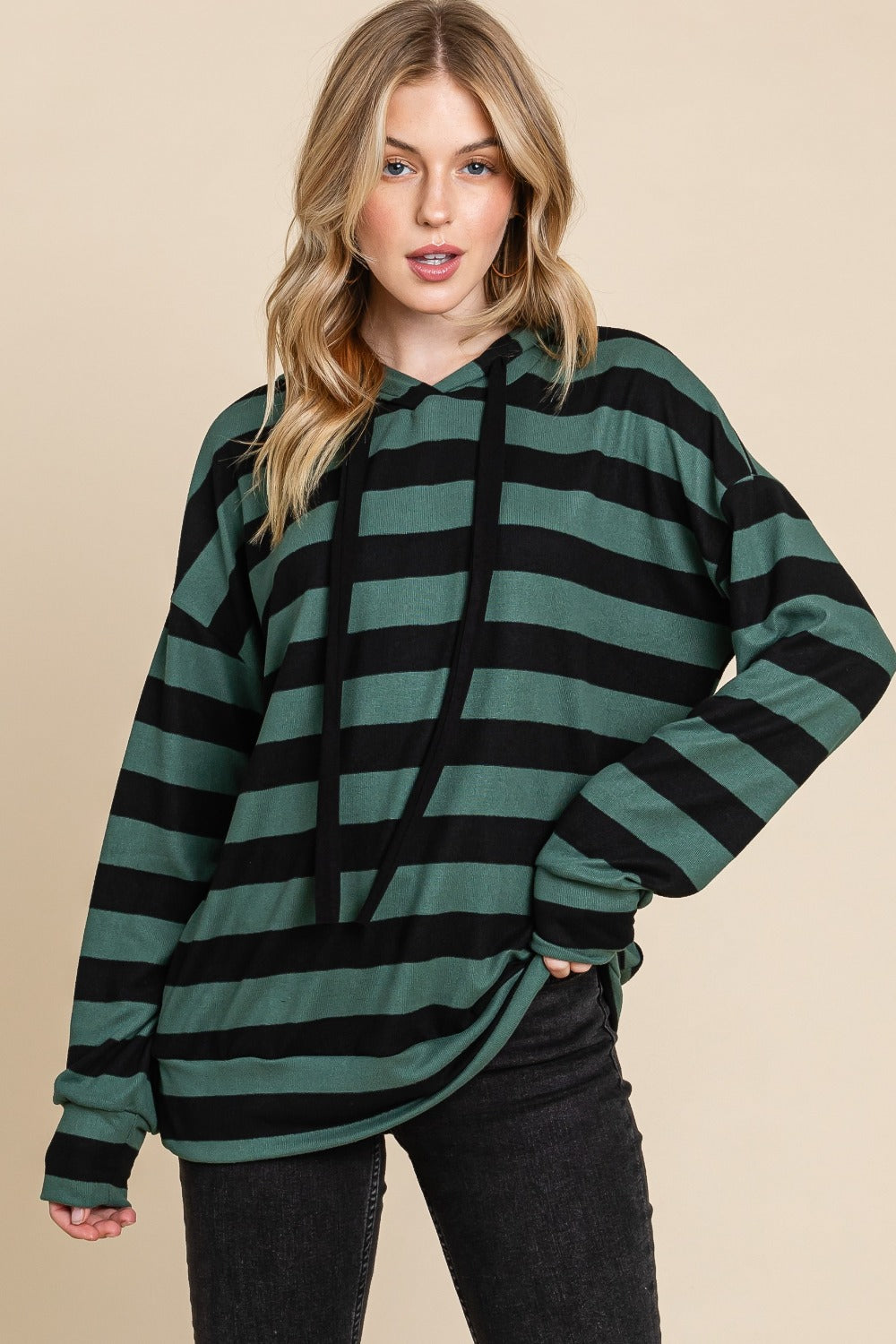 Antonella | BOMBOM drawstring hoodie with stripes and low shoulders