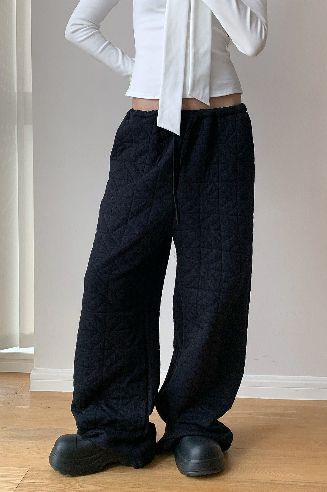 Solid Diamond Quilted Thickened Drawstring Thermal Pants