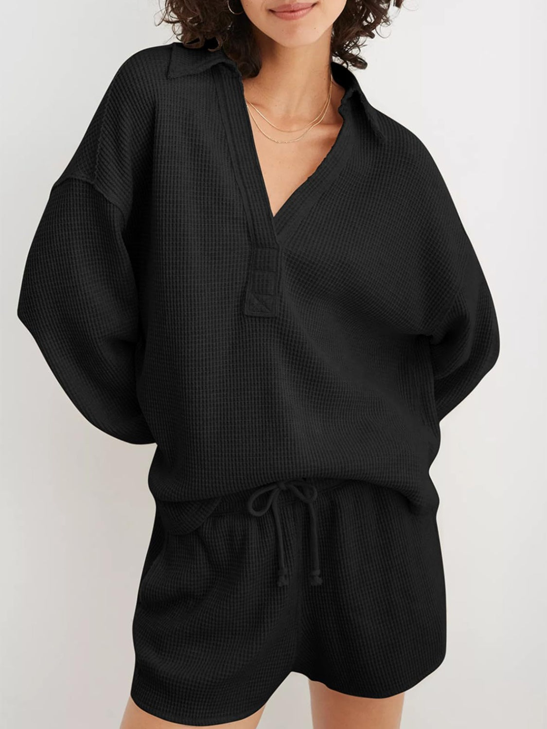 Johanna | Long sleeve waffle knit johnny collar sweatshirt
