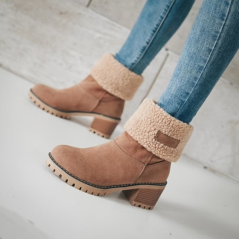 Cecilia | Solid color, plush-lined ankle boots with a thick heel