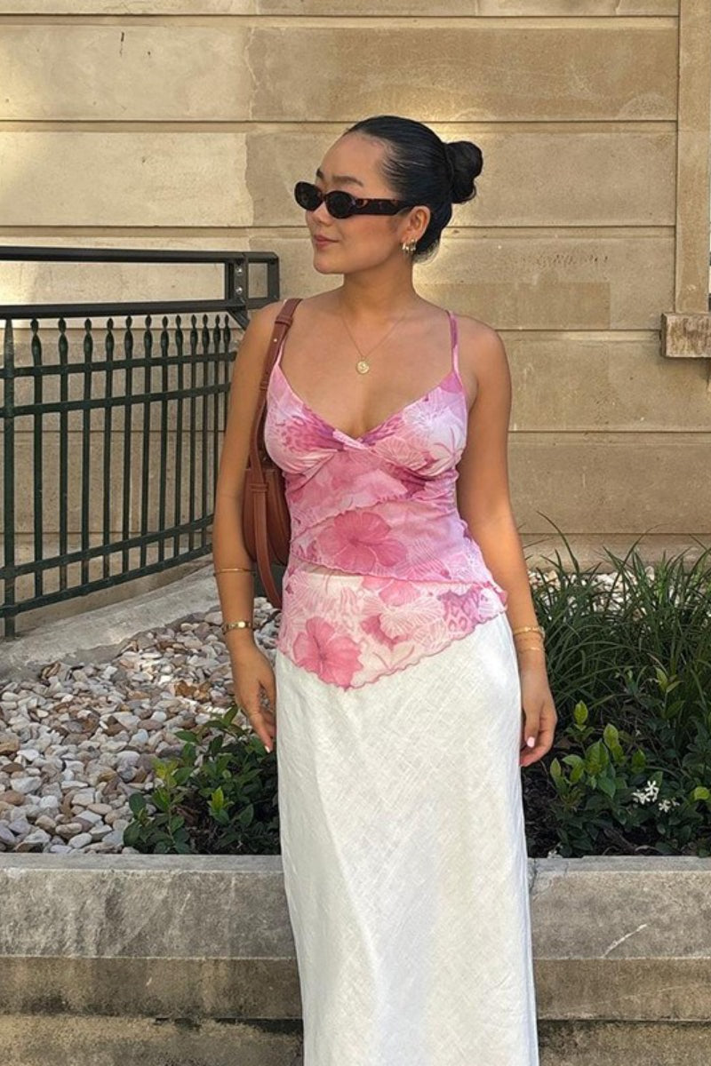 Floral Trim Chiffon Waist Cinched Padded Cami Top